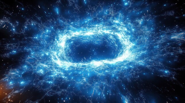 Glowing blue swirling energy vortex with bright sparkling particles in a dark space environment, evoking a sense of cosmic mystery and dynamic motion