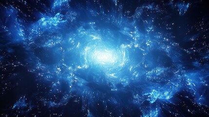 Bright glowing blue cosmic explosion with swirling light patterns and scattered star-like particles creating a dynamic and energetic space scene