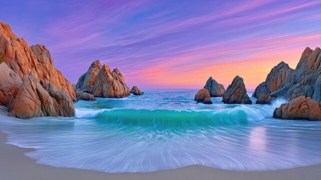 Coastal Panorama Of Crashing Ocean Waves Against Jagged Rocky Outcrops During A Vibrant Purple Pink Orange Sunset Sky With Reflective Water Surfaces - Powered by Adobe