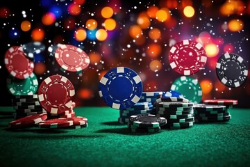 Colorful poker chips stacked and flying in the air over a green felt table with vibrant blurred lights in the background creating a lively casino atmosphere