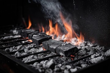 Orange flames and smoke rising from burning charcoal briquettes on a metal grill with glowing embers and ash