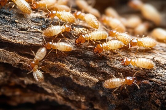 Close-up of a group of termites crawling on a piece of decayed wood showing translucent segmented bodies and reddish heads