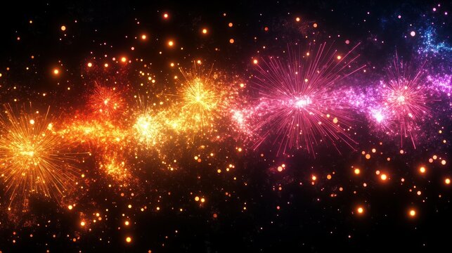 Colorful fiery bursts and sparkling particles resembling an energetic cosmic explosion across a dark star-filled background