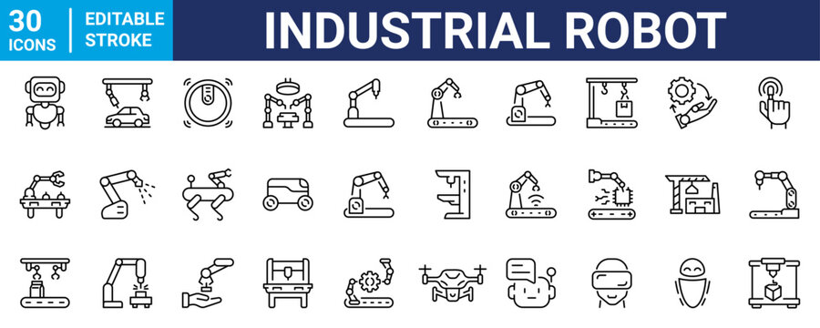 industrial robotics and automation technology web line icons. engineering interfaces, and smart industry. Editable stroke. Vector illustration