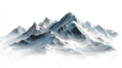 Snow-covered mountain peaks emerging through layers of mist on a bright white background, evoking a serene and majestic atmosphere