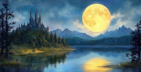 Large glowing full moon over peaceful lake with reflection, surrounded by conifer trees, distant majestic mountains, and a tall gothic castle on a hill under a serene cloudy sky