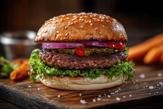 Juicy grilled beef burger with fresh lettuce, sliced pickles, red onion rings, ketchup, and sesame seed bun on wooden board with coarse salt