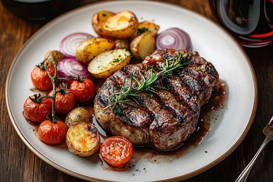 Grilled steak garnished with rosemary served with roasted cherry tomatoes, baby potatoes, and sliced red onions on a white plate with a wooden table background