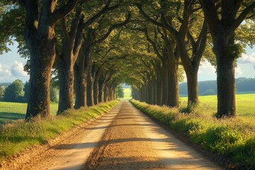 Fototapeta premium Sunlit dirt road lined with tall leafy trees creating a natural canopy over the path surrounded by green fields under a blue sky with scattered clouds
