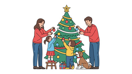 Festive Family Moments: A family decorates their christmas tree together, filled with colorful ornaments and joyful anticipation of holiday cheer. 
