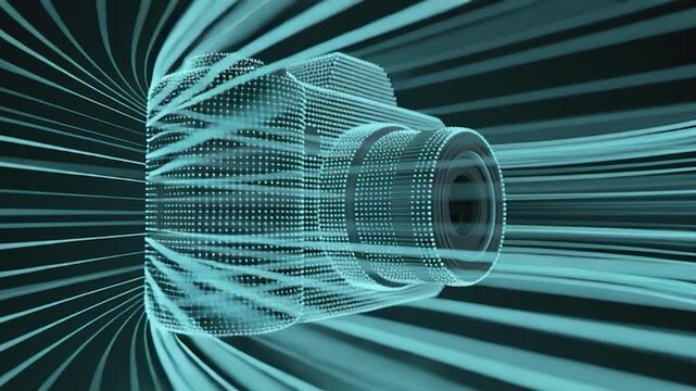 Digital Camera Animation with Light Streaks and Dotted Texture in Teal and Black