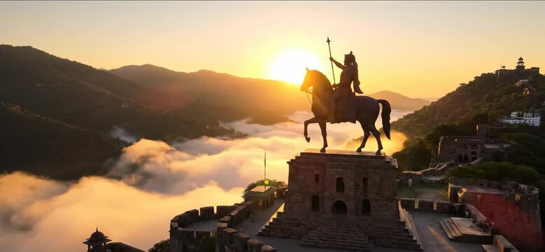 Chhatrapati Shivaji Maharaj Statue atop Sajjangarh Fort at Sunset with Foggy Landscape, Udaipur, India