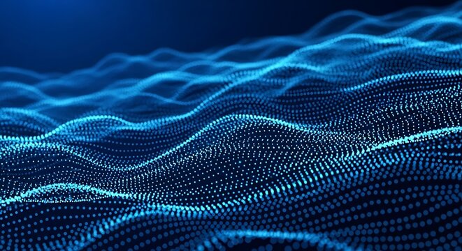Abstract digital wave pattern with blue glowing dots creating a futuristic and dynamic visual background effect