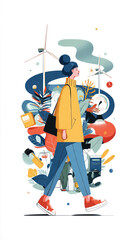 Illustration of a woman walking through a vibrant, eco-friendly cityscape with wind turbines and abstract elements, representing sustainable living and modern urban design