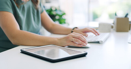 Keyboard, tablet and businesswoman in office with typing for research on finance report with budget. Technology, hands and female financial advisor working online for investment proposal in workplace