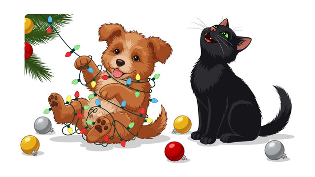 Festive Friends: A charming puppy playfully tangled in twinkling lights and a sleek black cat sharing a moment under a holiday tree, evoking the warmth of the holiday spirit.