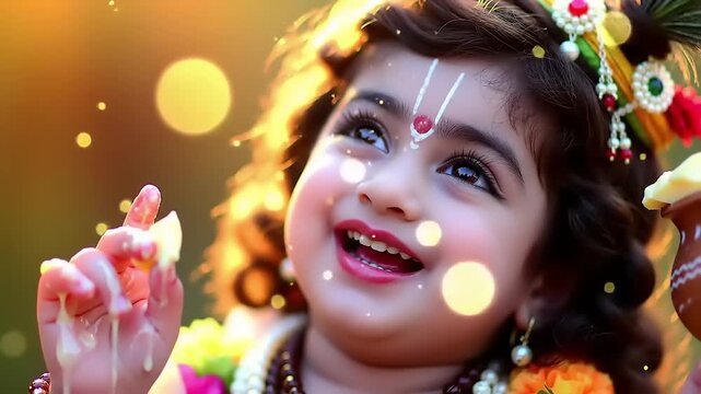 Smiling child dressed as deity with bokeh.