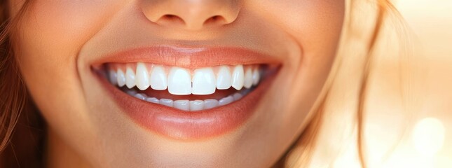 Obraz premium Close-up of a smiling person showing white healthy teeth and natural lips with soft warm lighting background