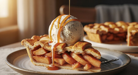 A heartwarming apple pie dessert served with vanilla ice cream and caramel sauce, perfect for nostalgic or cozy lifestyle themes.