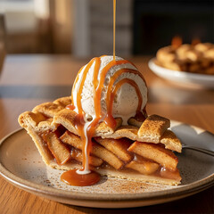 Warm apple pie slice topped with melting vanilla ice cream and caramel drizzle, shot in golden daylight with cozy background.