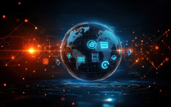 Digital glowing globe with interconnected futuristic blue icons representing technology and data flow on a dark background with orange network lines