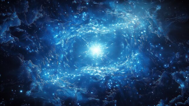 Bright luminous core surrounded by swirling, glowing blue cosmic clouds and sparkling stars, evoking a sense of vastness and mystery in outer space