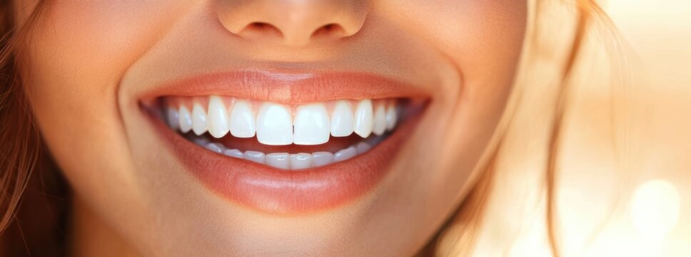 Close-up of a smiling person showing white healthy teeth and natural lips with soft warm lighting background - Powered by Adobe