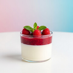 A delicate panna cotta dessert with raspberry topping, photographed in minimal cheerful style for elegant food visuals.