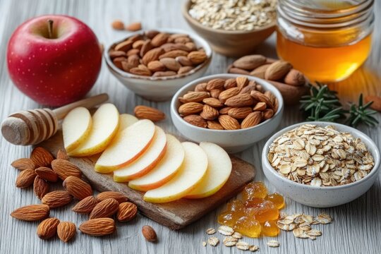 Fresh apple slices on wooden board surrounded by whole almonds, rolled oats in bowls, golden honey in jar with honey dipper and amber jelly cubes on wooden table