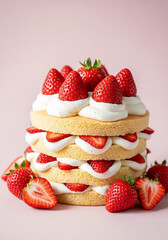 Layered strawberry shortcake with whipped cream, sponge cake, and bright red berries