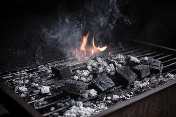 Close-up of burning charcoal briquettes on a grill with smoke rising and small flames flickering in a dark setting