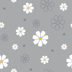 Gray seamless pattern with white daisies and delicate floral outlines for modern spring backgrounds
