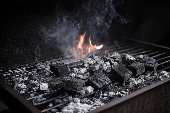 Close-up of burning charcoal briquettes on a grill with smoke rising and small flames flickering in a dark setting