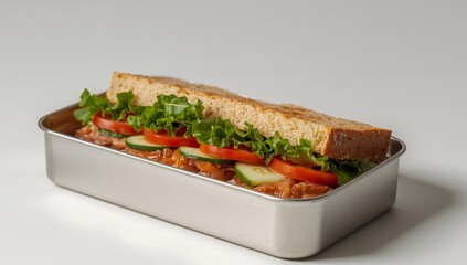 Simple, Structured Sandwich in a Silver Container, Crisp Lettuce and Soft Tomato Slices.