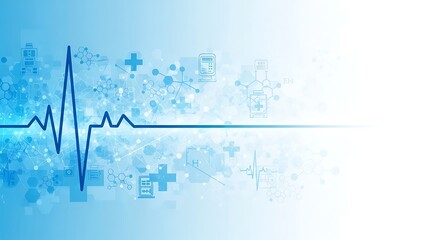 Abstract medical background design featuring a blue heartbeat line and medical icons on an elegant gradient backdrop in a modern style