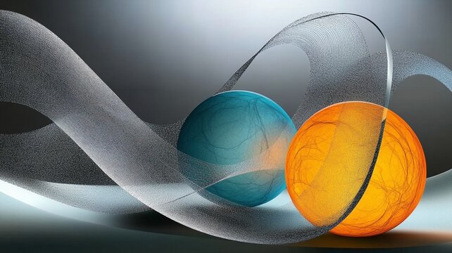 Modern Abstract Geometric Background with Blue and Orange Spheres and Transparent Wave Lines for Poster, Packaging, Advertising, Web, and Interior Decoration