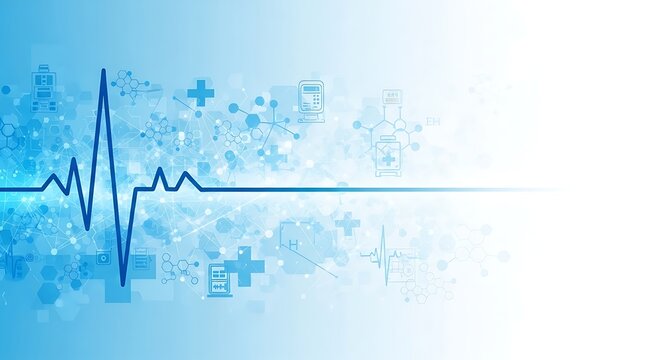 Abstract medical background design featuring a blue heartbeat line and medical icons on an elegant gradient backdrop in a modern style - Powered by Adobe