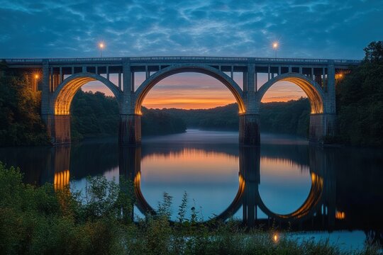arched road bridge illuminated at dusk over calm river with clear reflection and misty forest background under a cloudy blue sky