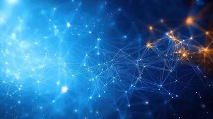 Abstract digital network with interconnected glowing nodes and lines on a blue and orange gradient background conveying technological connection and data flow