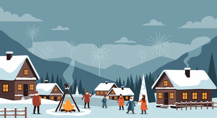 People celebrating a winter holiday with a bonfire in a snowy mountain village