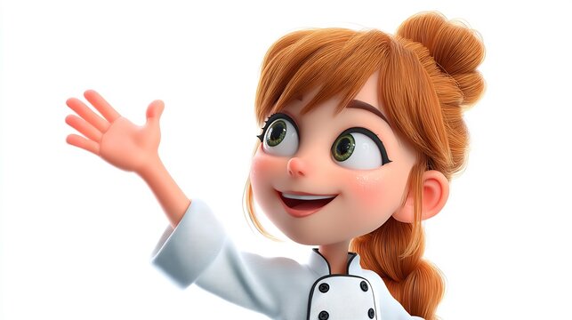 Smiling Cartoon Woman Waving and Ready to Welcome or Greet with Warm Gesture Against a White Background.