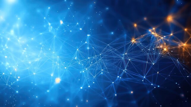 Abstract digital network with interconnected glowing nodes and lines on a blue and orange gradient background conveying technological connection and data flow - Powered by Adobe