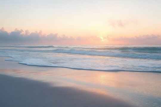 Calm beach at sunrise with gentle waves rolling onto smooth sand under a pastel-colored sky with soft clouds - Powered by Adobe