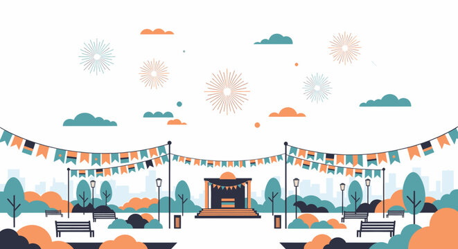 Outdoor festival scene with a stage and bunting flags vector illustration