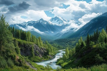 Fototapeta premium River flowing through lush green forested valley with rocky cliffs under cloudy sky and towering snow-capped mountain range in the background