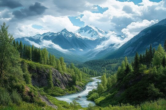 River flowing through lush green forested valley with rocky cliffs under cloudy sky and towering snow-capped mountain range in the background