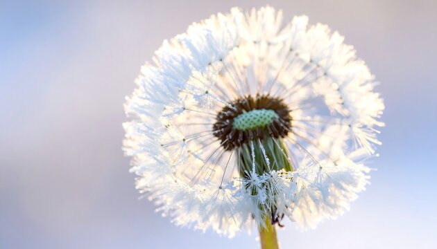 Close-up of a delicate dandelion clock against a soft, blurred background, illuminated by sunlight