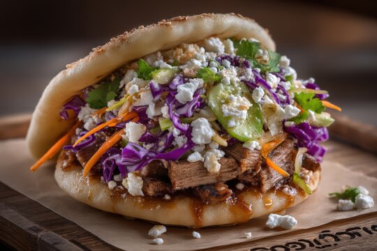 Gourmet bao bun filled with tender grilled pork, crisp vegetables, and fresh herbs, captured beautifully to highlight culinary craftsmanship and vibrant food styling