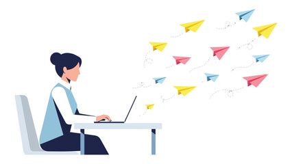 Woman using laptop with paper airplanes flying out sending emails and messages vector illustration on white background