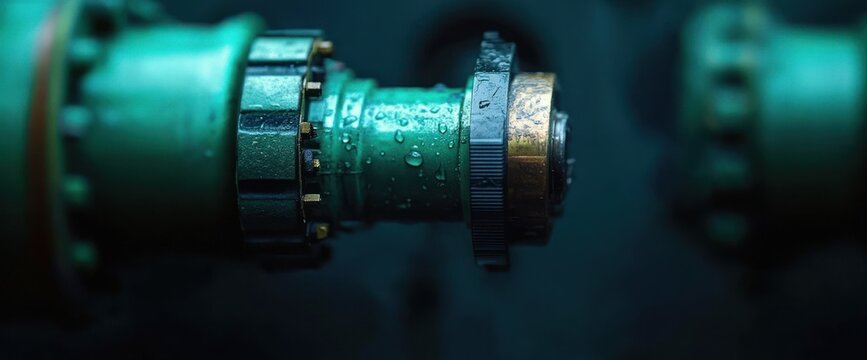 Close-up of a wet metallic industrial mechanical part with water droplets on a teal-colored surface showing a detailed and sharp focus against a dark blurred background